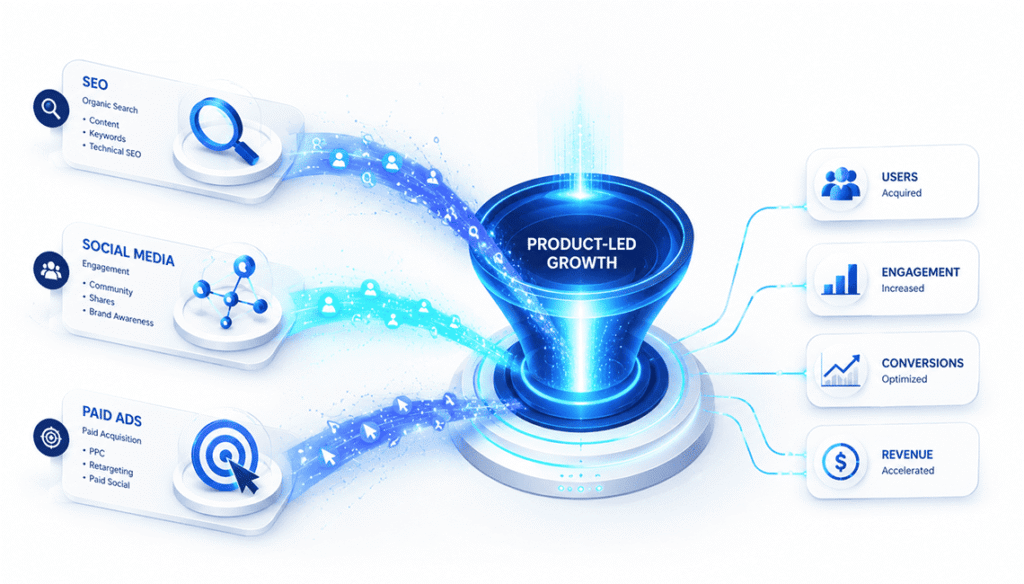 Ilustração 3D mostrando o motor de aquisição Product-Led Growth para SaaS sendo alimentado por canais de SEO, Social Media e Tráfego Pago.