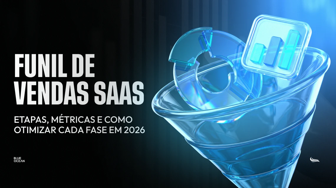 Capa de artigo com fundo escuro e linhas sutis de gráfico. No centro, um ícone 3D azul de um usuário com uma engrenagem, envolto por uma fita com o texto "ICP de SaaS em 2026". Abaixo, o título principal em branco "ICP para SaaS - Como definir o perfil de cliente ideal em 2026", com o logo da Blue Ocean no canto inferior.