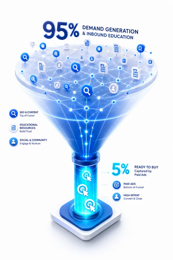 Ilustração 3D vertical mostrando o funil de Go-To-Market para SaaS. O topo representa 95% do mercado focado em geração de demanda orgânica, e a base representa os 5% capturados por tráfego pago.