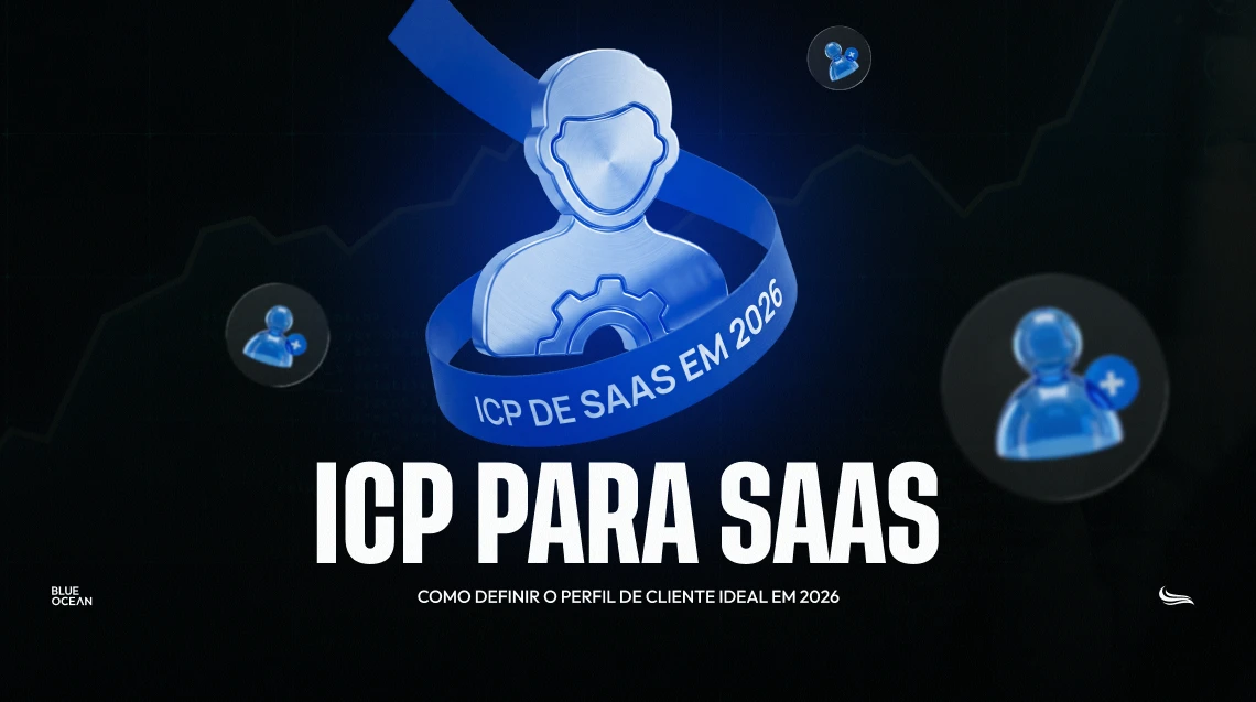 Capa de artigo com fundo escuro e linhas sutis de gráfico. No centro, um ícone 3D azul de um usuário com uma engrenagem, envolto por uma fita com o texto "ICP de SaaS em 2026". Abaixo, o título principal em branco "ICP para SaaS - Como definir o perfil de cliente ideal em 2026", com o logo da Blue Ocean no canto inferior.