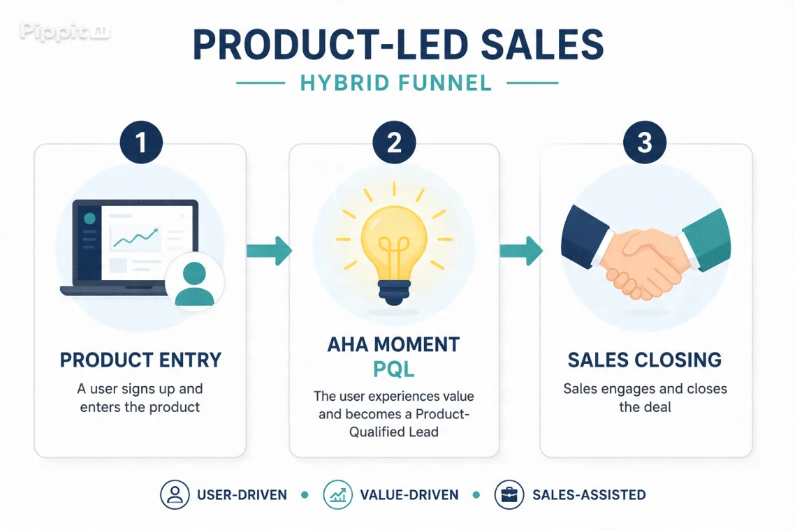 Diagrama do funil híbrido de Product-Led Sales, mostrando a evolução da entrada no produto até o Product Qualified Lead (PQL) e o fechamento Enterprise Sale.