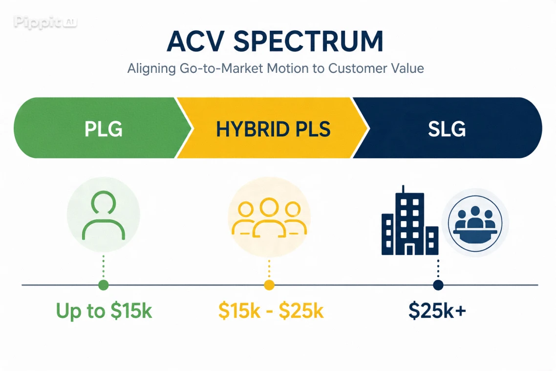 Espectro de Annual Contract Value (ACV) comparando modelos PLG, Product-Led Sales e SLG