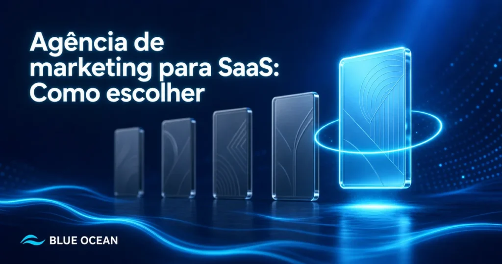 Painel azul iluminado se destaca entre opções, representando a escolha da agência ideal para SaaS.