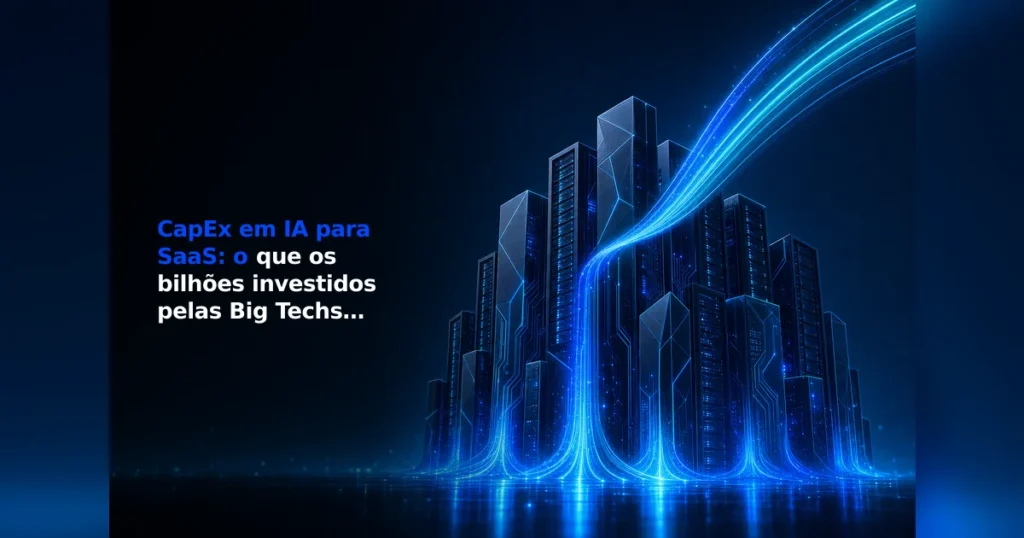 Torres de data center futuristas com luz azul simbolizando o CapEx em IA impulsionando o SaaS