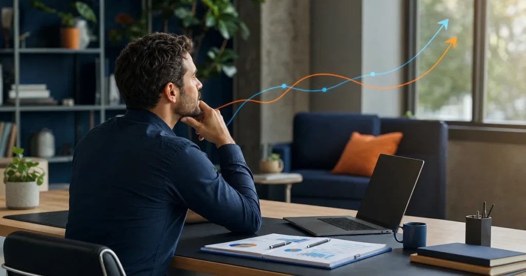 Homem sentado em um escritório moderno, pensando enquanto analisa gráficos e relatórios em uma mesa com notebook, copo e ferramentas de trabalho ao fundo.