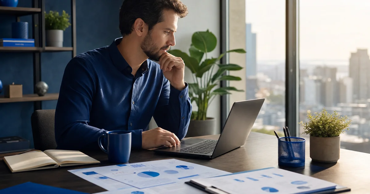 Homem trabalhando em home office à mesa com notebook, caneca e documentos com gráficos e gráficos de dados, em um ambiente com janelas e plantas ao fundo.