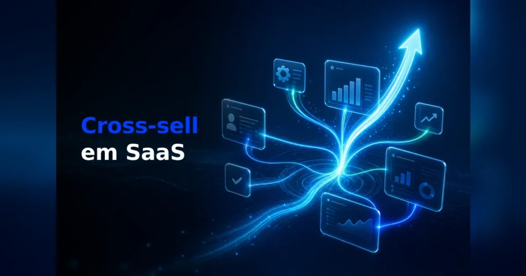 Painéis de SaaS conectados por fluxos de luz azul convergindo em seta de crescimento, simbolizando cross-sell