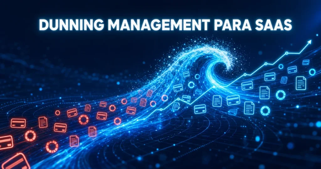 Onda de luz azul e ciano transformando pagamentos falhos em receita recuperada, ilustrando dunning management para SaaS