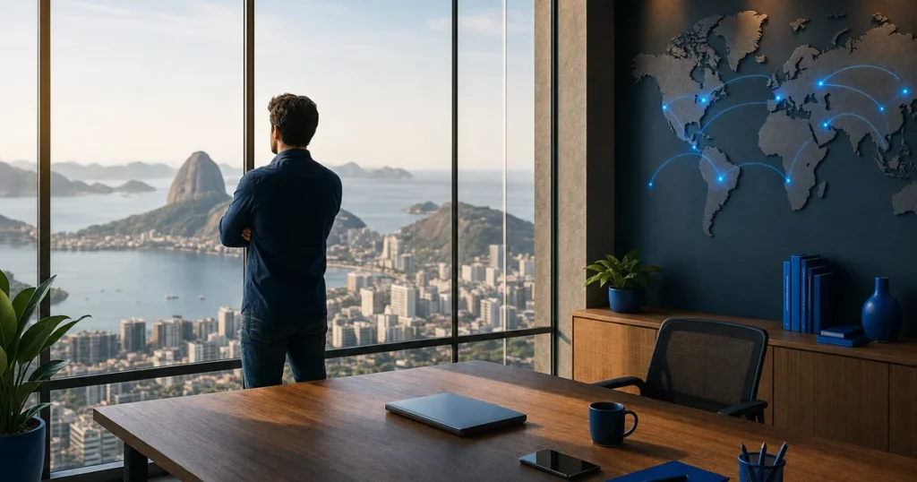 Homem de costas em um escritório com mesa de trabalho, xícara e celular, observando a vista da cidade e do mar ao fundo, com um globo digital de conexões ao lado na parede