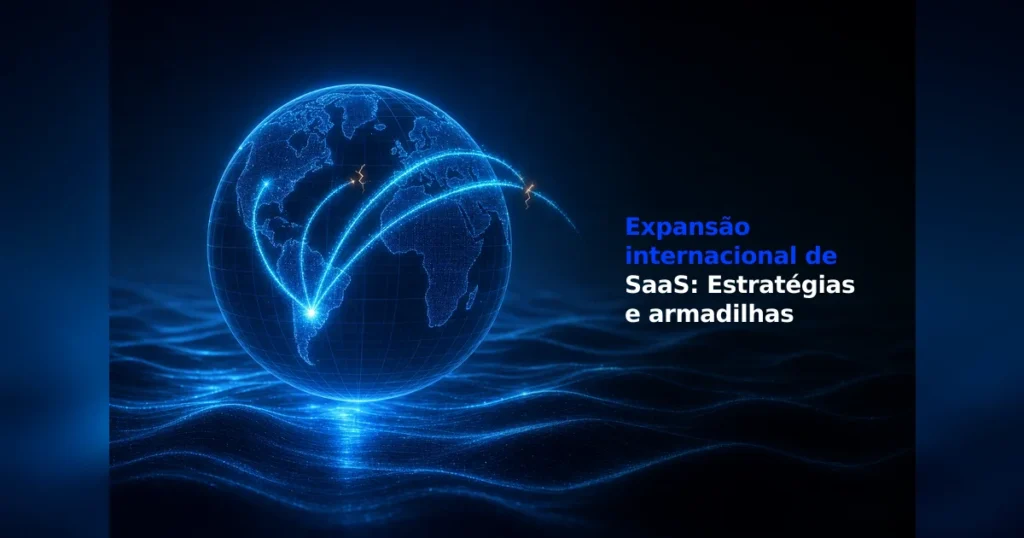 Globo terrestre digital em tons de azul escuro e néon, com linhas de conexão brilhantes saindo da América do Sul e se espalhando por outros continentes. O globo flutua sobre ondas luminosas que remetem a um ambiente tecnológico e de dados. À direita, está o texto em destaque: "Expansão internacional de SaaS: Estratégias e armadilhas".