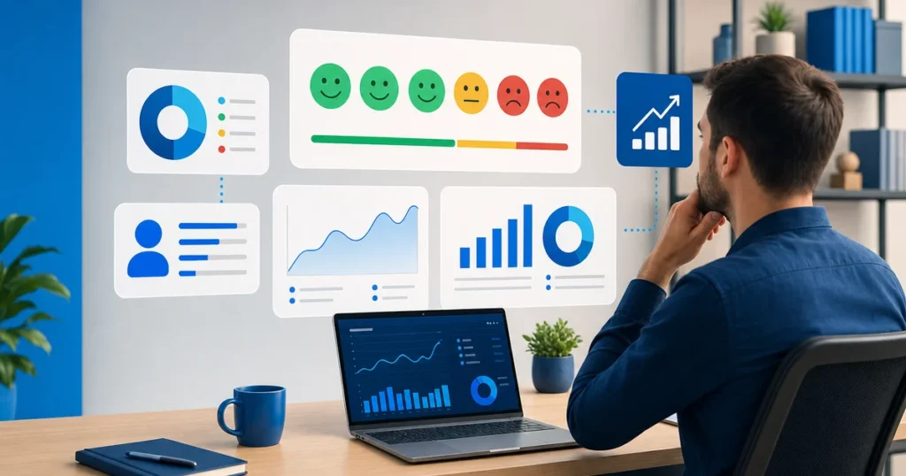 Homem sentado em um escritório analisando painéis digitais flutuantes com gráficos de desempenho, ícones de avaliação de satisfação (NPS) do verde ao vermelho e indicadores de crescimento.