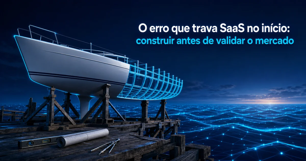 Barco pela metade em doca seca, sem tocar a água: metáfora de SaaS construído sem validar o mercado