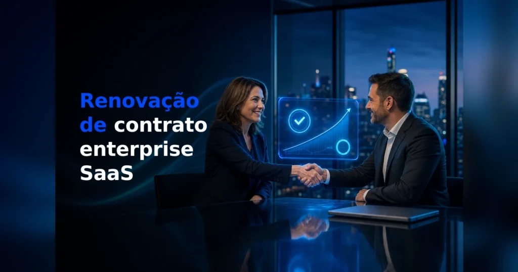 Aperto de mãos selando renovação de contrato SaaS enterprise, com painel digital de crescimento