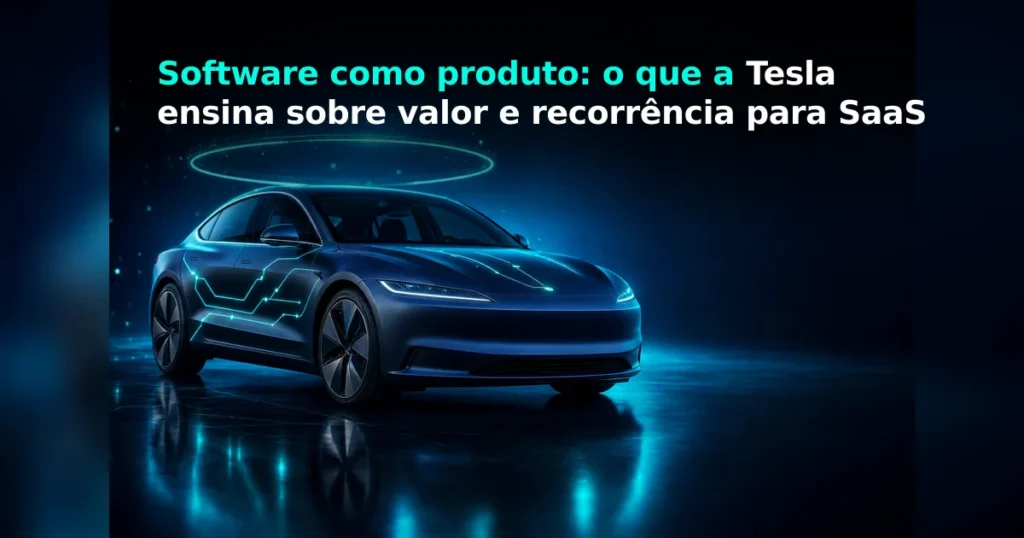 Carro elétrico futurista com luzes turquesa simbolizando o valor recorrente de um SaaS