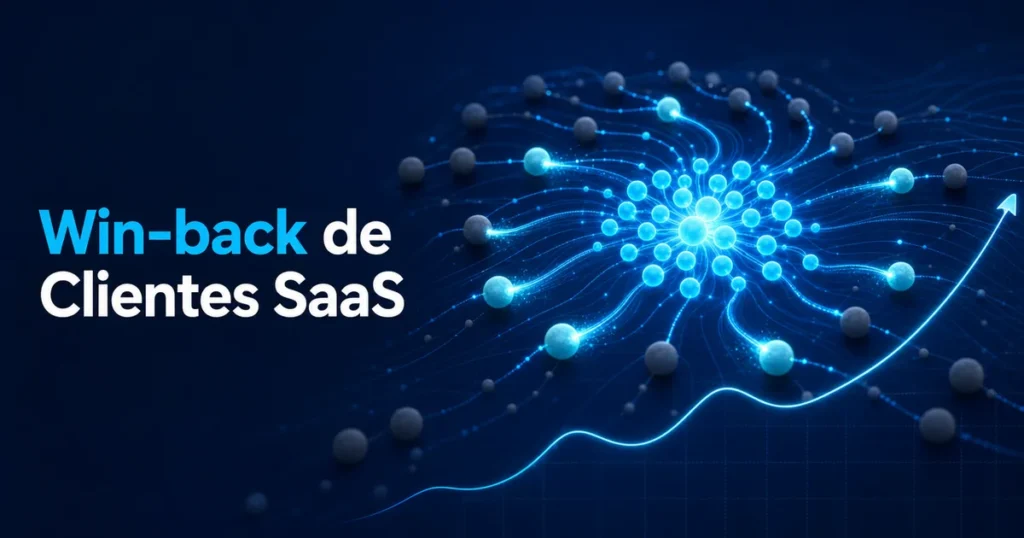 Rede de nós azuis se reconectando simboliza estratégia de win-back de clientes SaaS