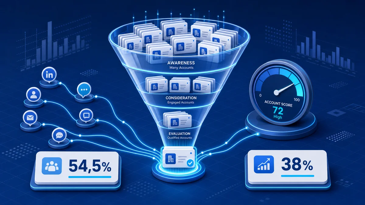 Diagrama de funil de contas mostrando como o ABM social media mede alinhamento entre vendas e marketing