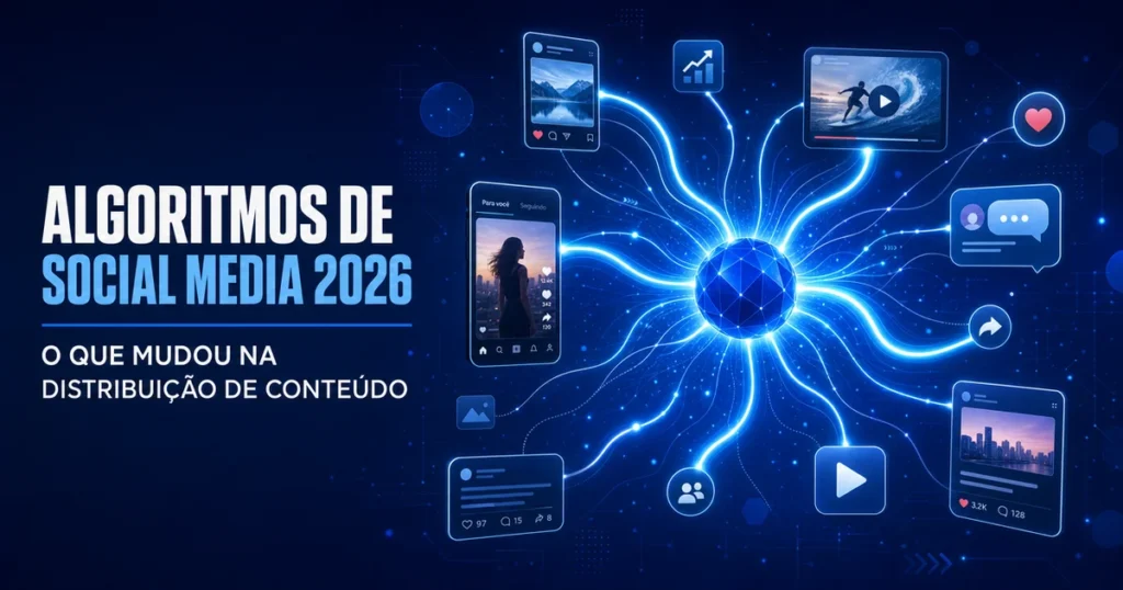 Rede de nós azuis representando como o algoritmo das redes sociais distribui conteúdo em 2026