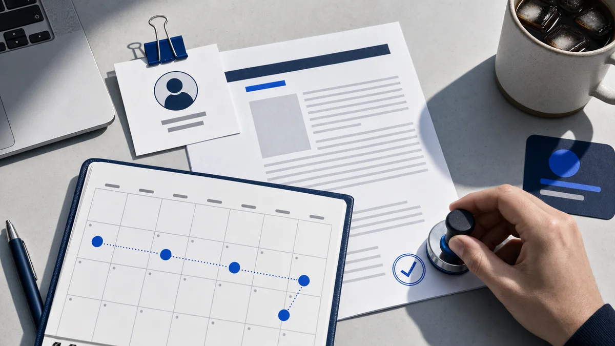 Artigo com selo de validação e calendário simbolizam dono e cadência no content marketing SaaS B2B