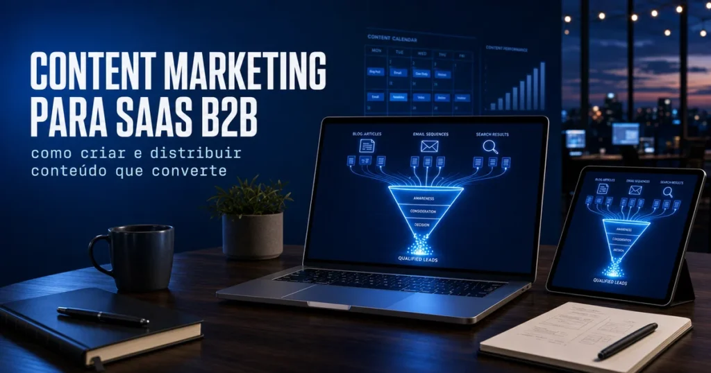 Capa sobre content marketing para SaaS B2B mostrando funil de conteúdo digital em tons de azul