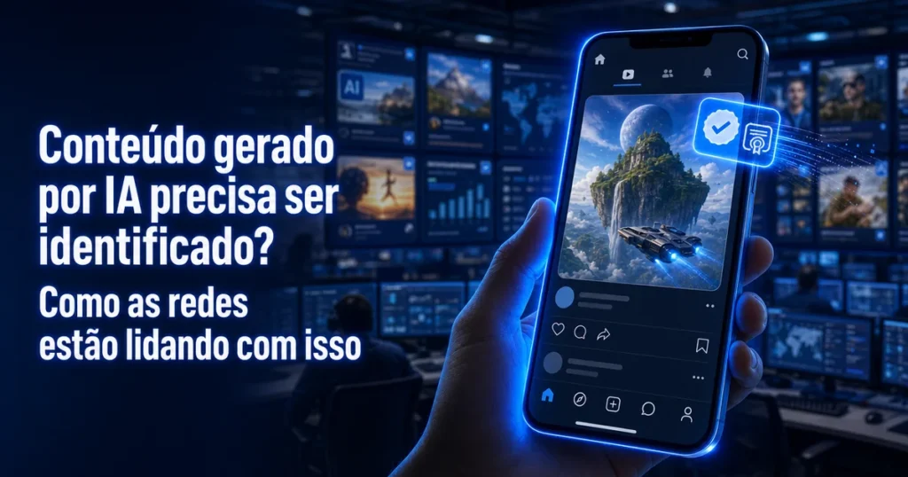 Selo de identificação de IA sendo aplicado a post de rede social em tela de celular