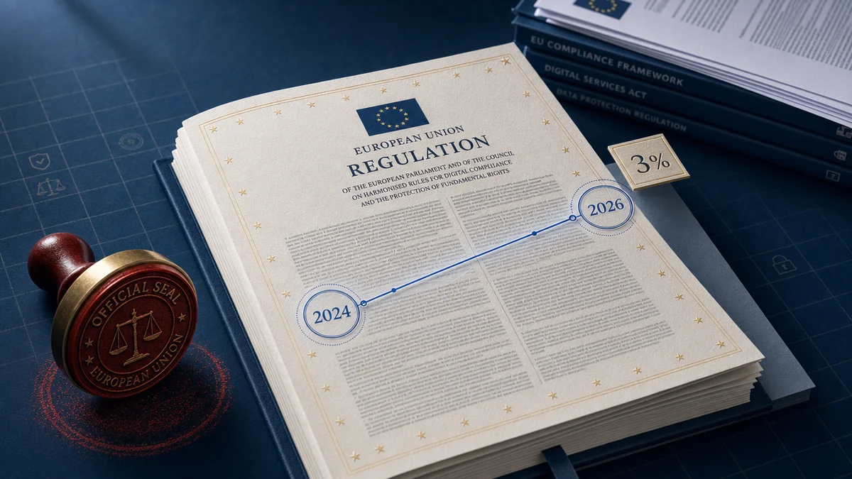 Documento do AI Act com linha do tempo 2024-2026 e selo de multa de 3% sobre conteúdo gerado por IA