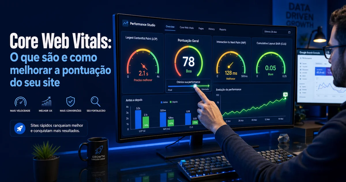 Dashboard mostra métricas de Core Web Vitals com medidor de pontuação do site.