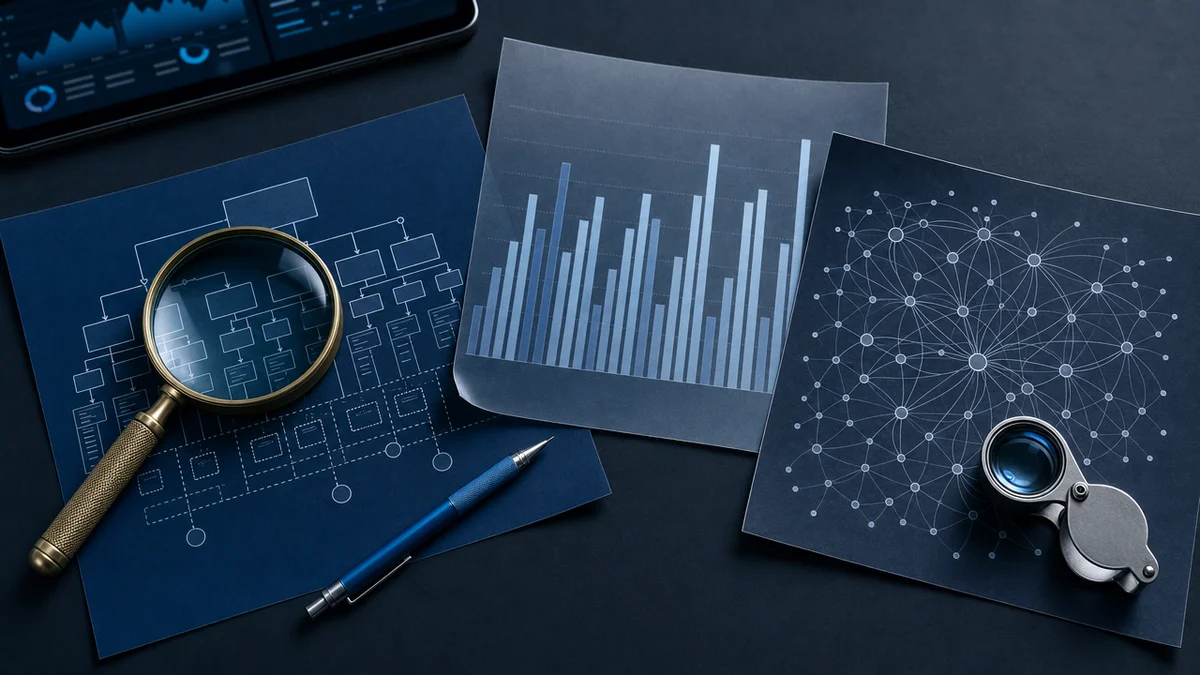Diagramas e lupas representando diferentes ferramentas de SEO sobre uma mesa