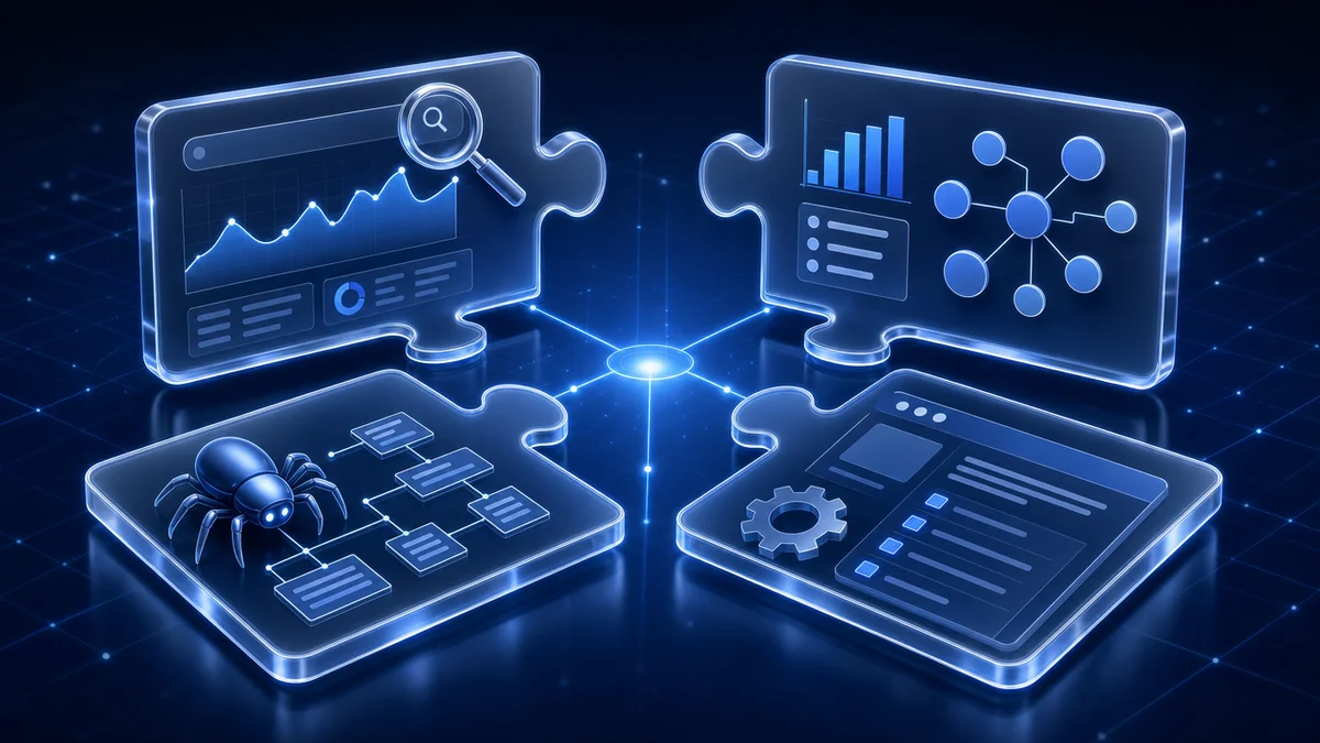 Diagrama ilustrando o combo de quatro ferramentas de SEO para SaaS conectadas entre si
