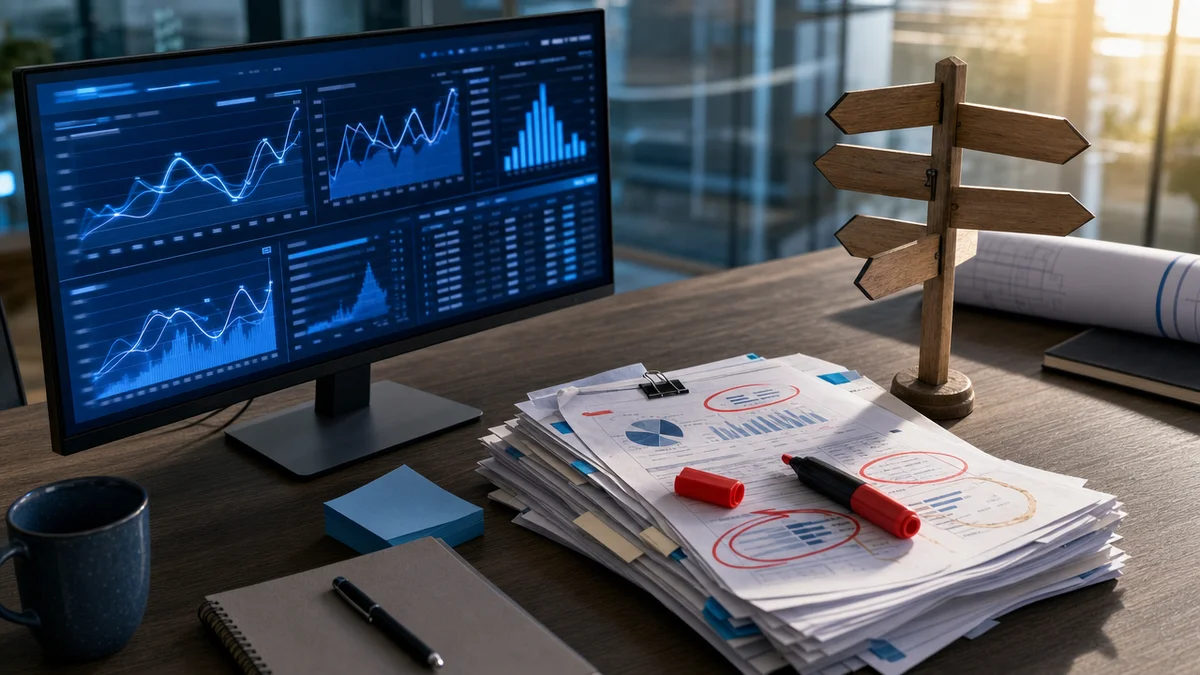 Dashboard de ferramentas de SEO ao lado de relatórios sem plano de ação definido