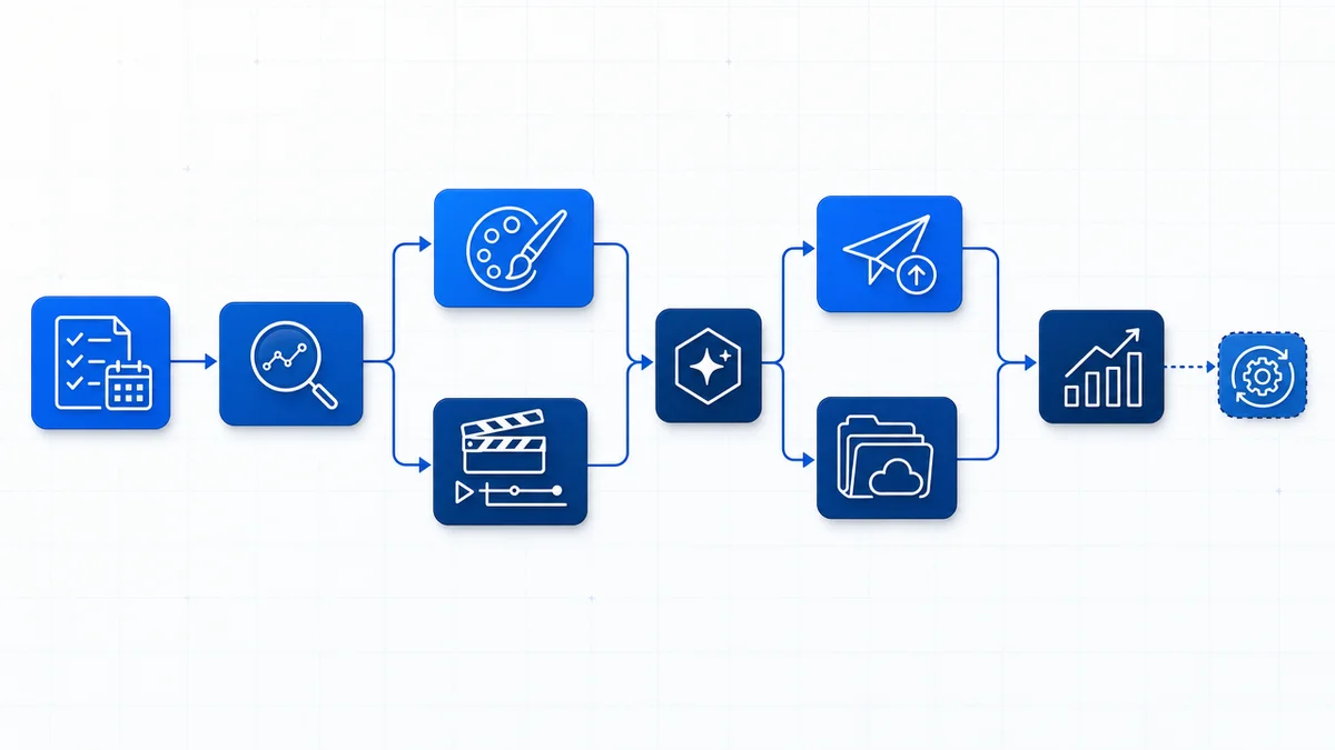 Diagrama minimalista de categorias conectadas do stack de ferramentas para social media