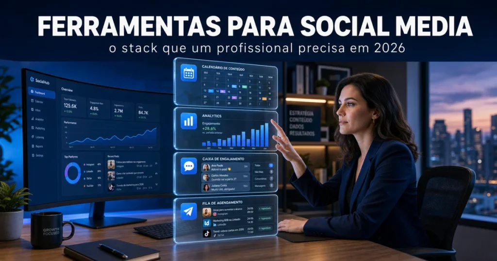 Capa sobre ferramentas para social media: profissional organiza o stack de dashboards de marketing