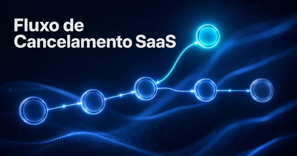 Diagrama abstrato do fluxo de cancelamento SaaS com nó de retenção destacado em ciano