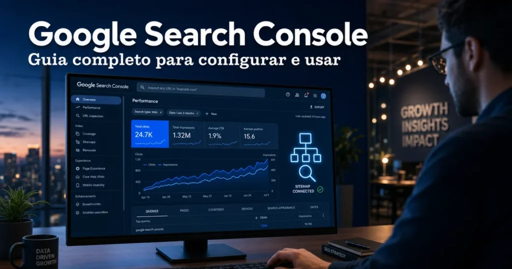 Dashboard do Google Search Console em workspace de marketing SaaS ilustrando o guia completo