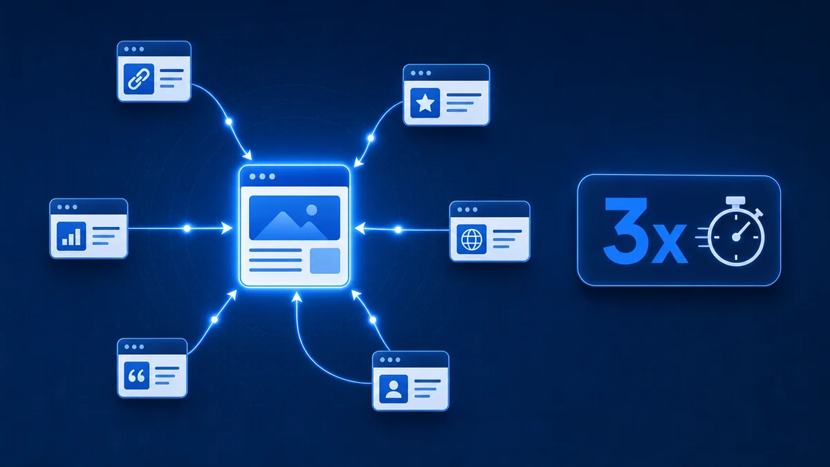 Diagrama de backlinks convergindo para um domínio, representando autoridade e ganho 3x em link building
