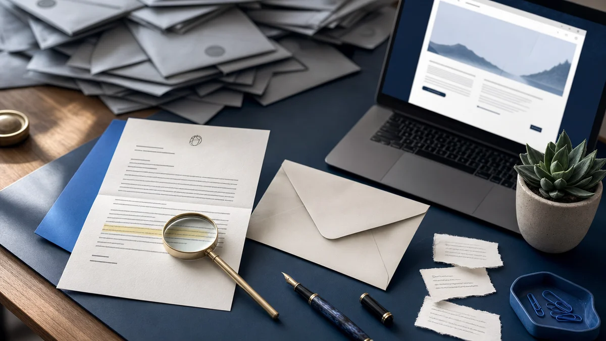Carta personalizada em foco contrastando com pilha de envelopes genéricos, simbolizando outreach de link building direcionado