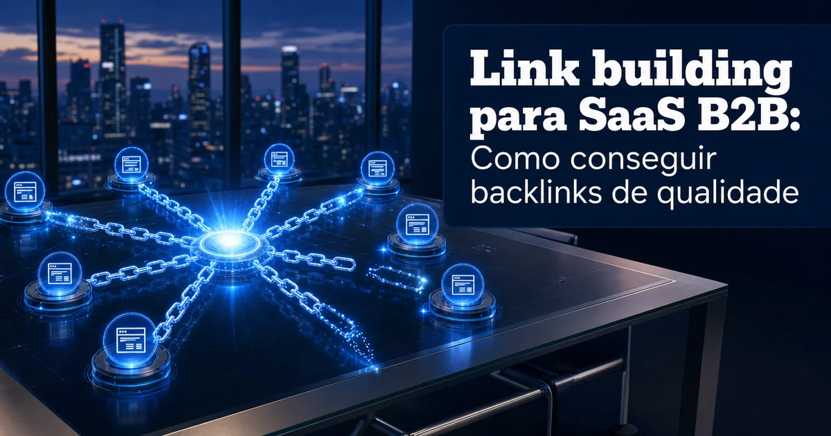 Rede de backlinks em azul conectando sites, ilustrando link building para SaaS B2B
