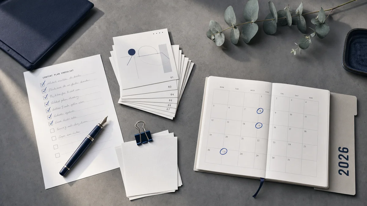 Checklist, calendário e cards de carrossel ilustram ajustes no algoritmo do LinkedIn em 2026