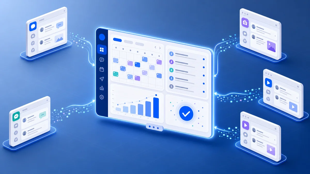 Painel digital unindo calendário, inbox e métricas de ferramentas de gestão de redes sociais