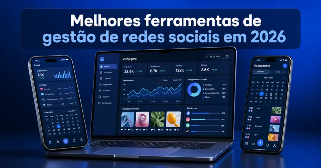 Capa comparando ferramentas de gestão de redes sociais em telas de dashboard azuis