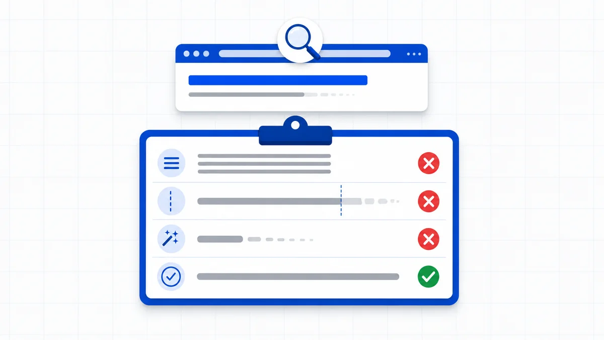 Checklist digital mostrando erros comuns que fazem a meta description perder cliques