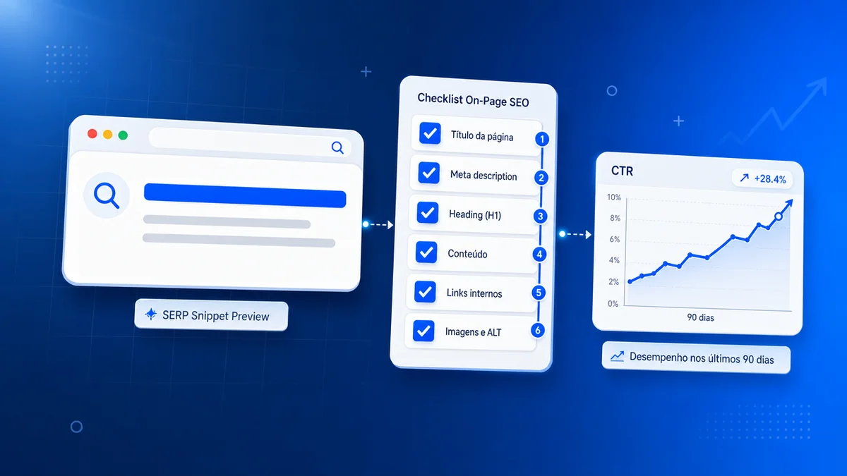Checklist visual de SEO on-page para meta title e meta description com CTR em 90 dias