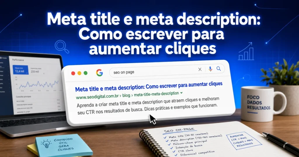 Mockup de resultado de busca no Google ilustrando como escrever meta title e meta description