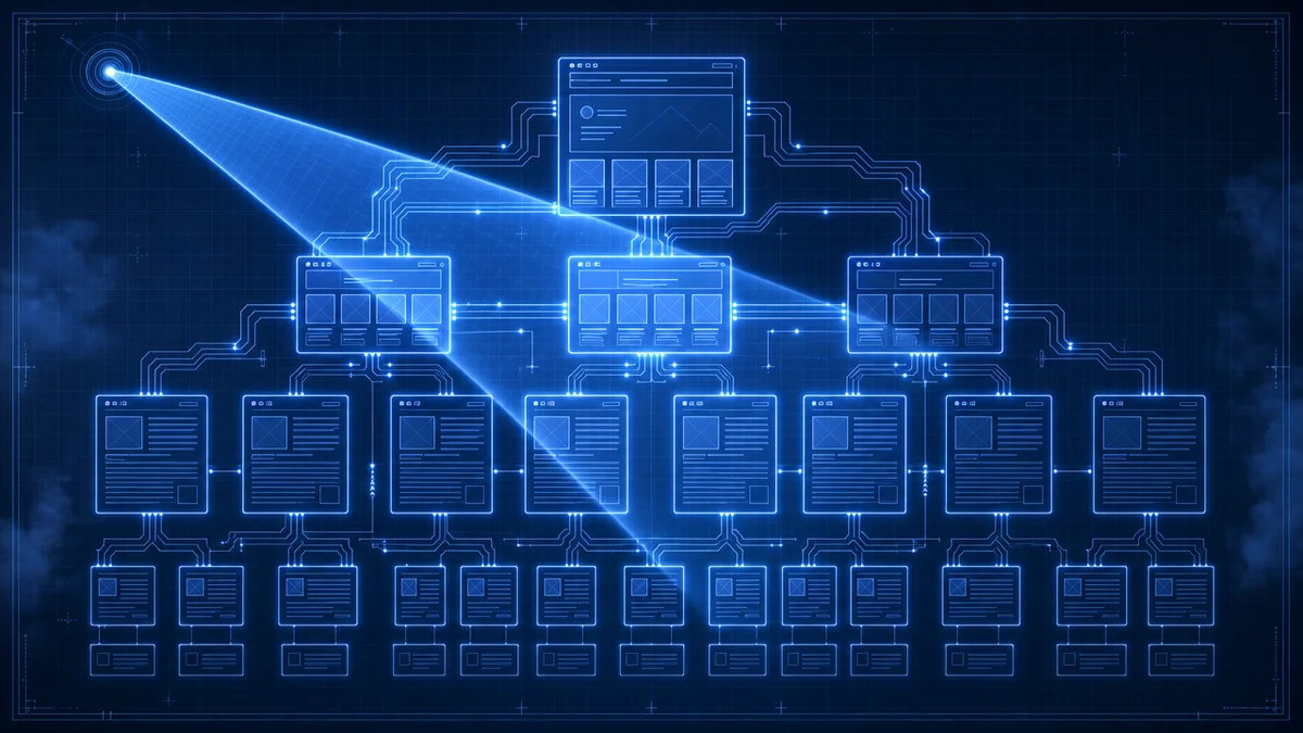 Diagrama mostra a estrutura técnica e editorial de um site sendo lida, ilustrando o que é SEO