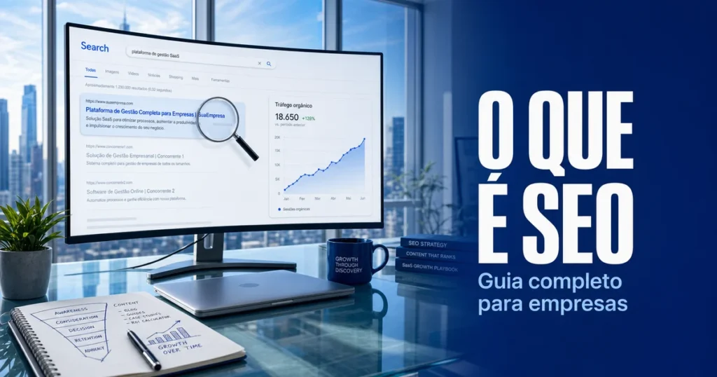 Dashboard de SEO com gráfico de crescimento ilustrando o que é SEO para empresas