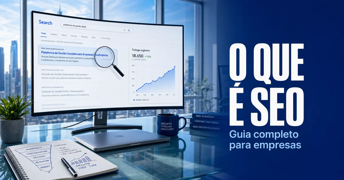Dashboard de SEO com gráfico de crescimento ilustrando o que é SEO para empresas