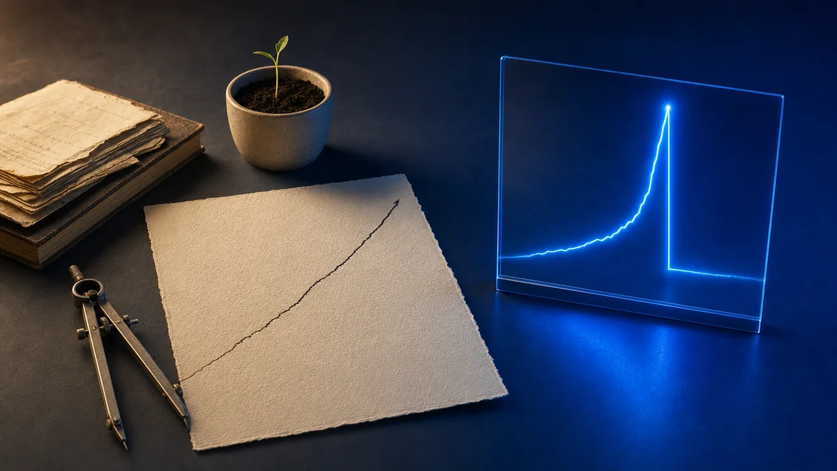 Metáfora visual de SEO com crescimento contínuo em papel ao lado de gráfico de tráfego pago em pico e queda