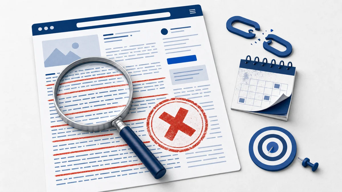 Documento com texto repetitivo marcado e selo de penalização, ilustrando o erro de keyword stuffing em SEO