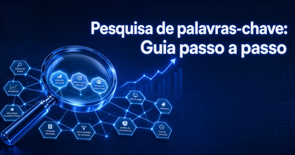 Capa do guia de pesquisa de palavras-chave para SEO em SaaS B2B, com lupa e grafo de keywords em azul