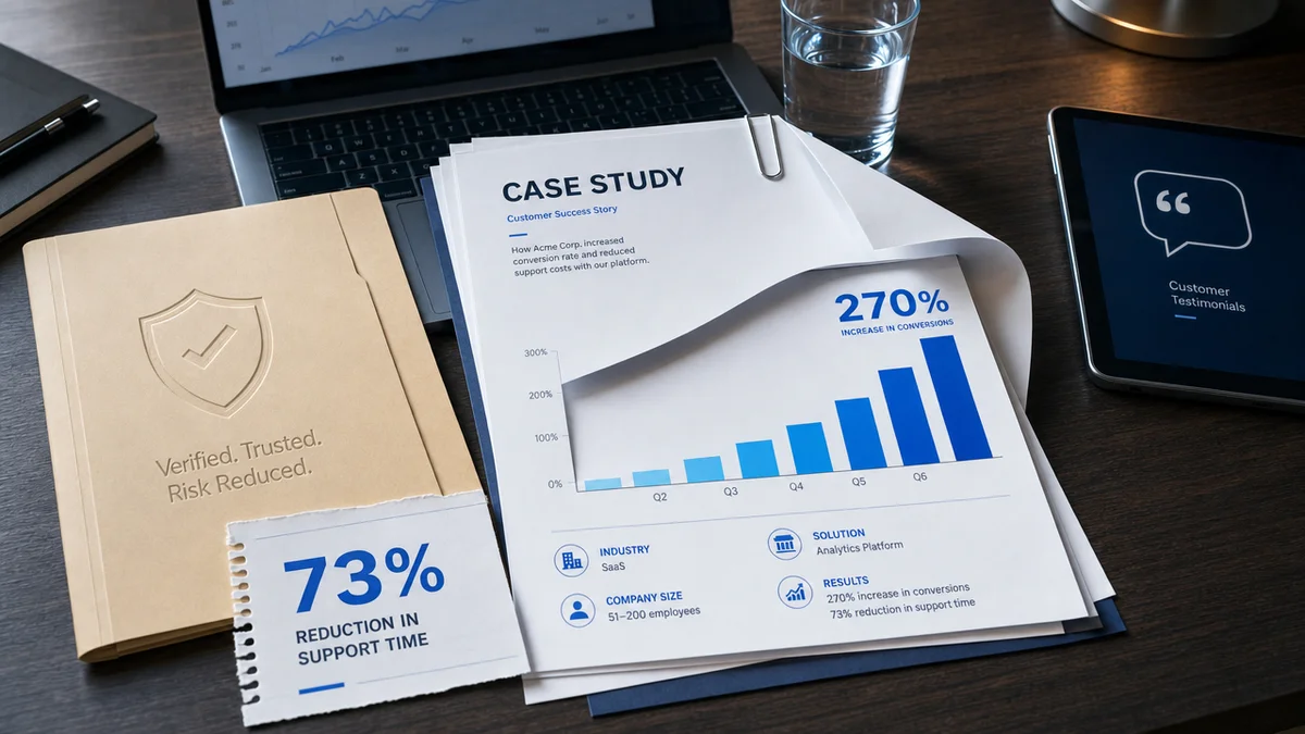 Documentos de case B2B com gráfico de 270% e selo de confiança 73%, ilustrando prova social