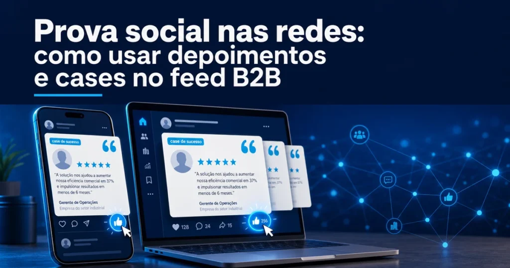 Capa sobre prova social nas redes sociais com depoimentos e cases exibidos em tela para feed B2B